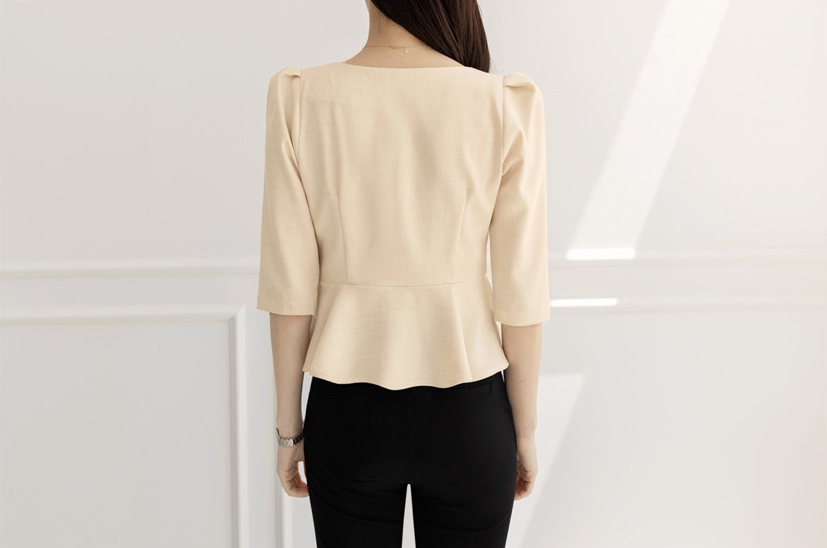 Elegant Feminin Square Neck Peplum Top Jacket Blouse / Korean Style Half Sleeve Summer Top Blouse / Front Button Daily Top