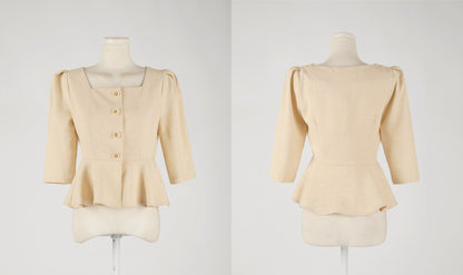 Elegant Feminin Square Neck Peplum Top Jacket Blouse / Korean Style Half Sleeve Summer Top Blouse / Front Button Daily Top