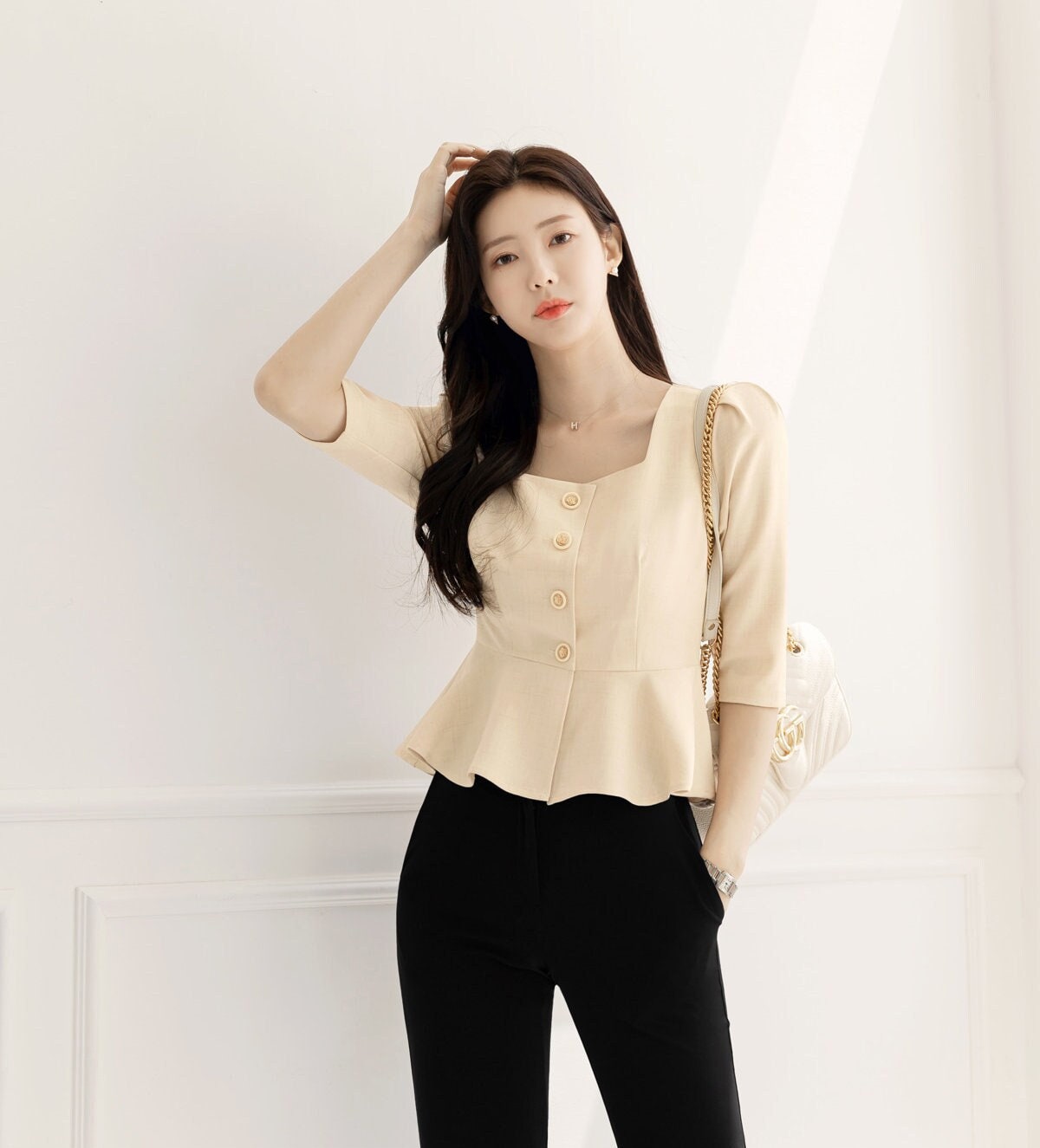 Elegant Feminin Square Neck Peplum Top Jacket Blouse / Korean Style Half Sleeve Summer Top Blouse / Front Button Daily Top