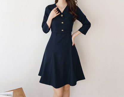 Cropped Top Layered Design Flare Mini Dress / Korean Style Women Mini Dress / Elegant Feminin Dress / Basic Style Flare Mini Dress Navy