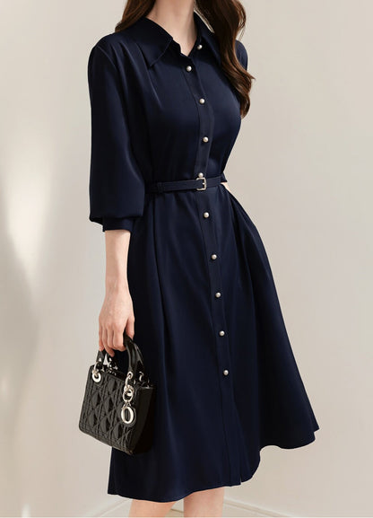 Elegant Feminin Long Sleeve Shirtdress with Belt / Korean Style Pearl Button Midi Flare Dress / Spring Fall Midi Dress