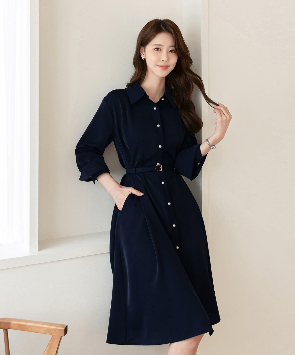 Elegant Feminin Long Sleeve Shirtdress with Belt / Korean Style Pearl Button Midi Flare Dress / Spring Fall Midi Dress