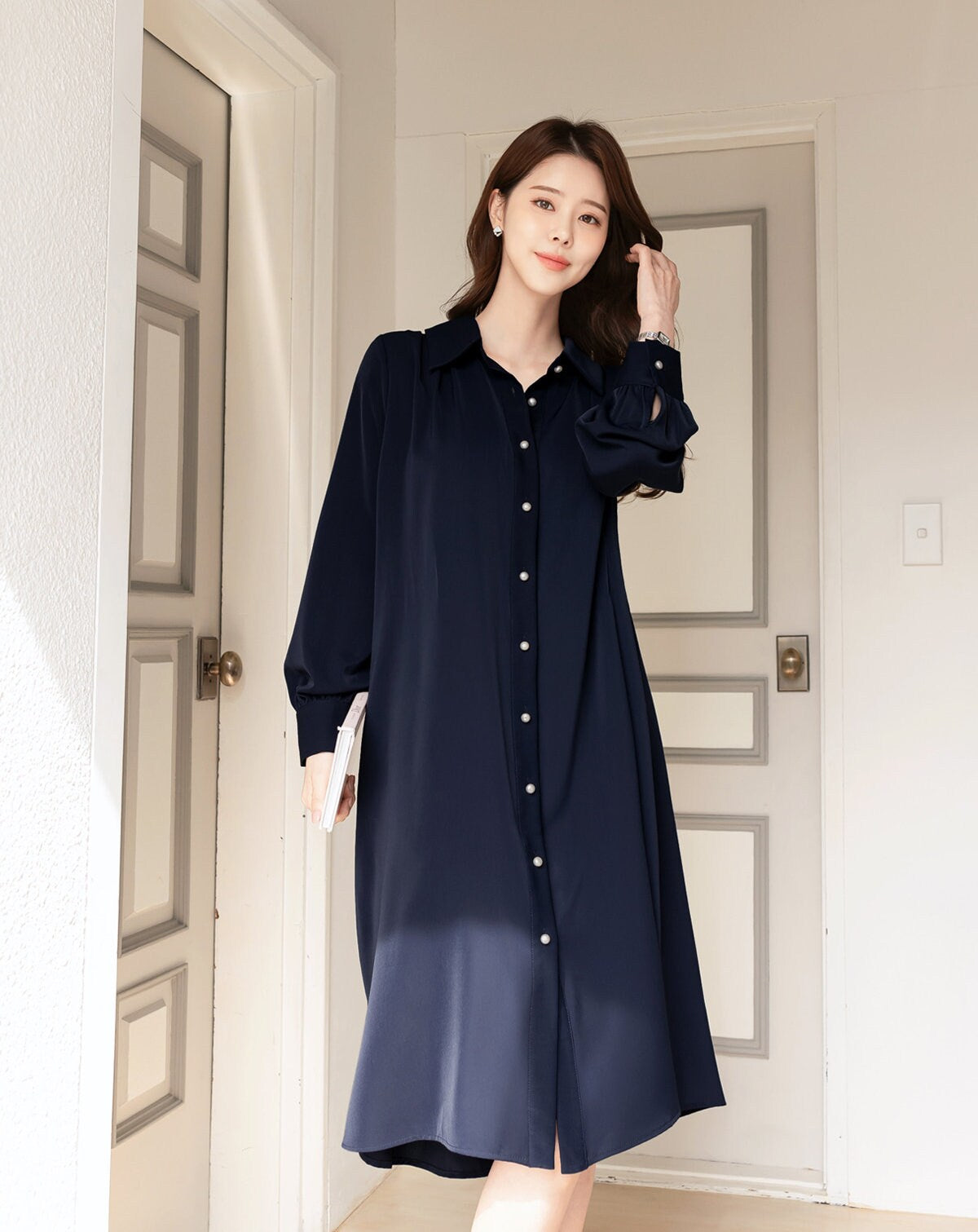 Elegant Feminin Long Sleeve Shirtdress with Belt / Korean Style Pearl Button Midi Flare Dress / Spring Fall Midi Dress