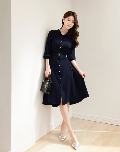 Elegant Feminin Long Sleeve Shirtdress with Belt / Korean Style Pearl Button Midi Flare Dress / Spring Fall Midi Dress