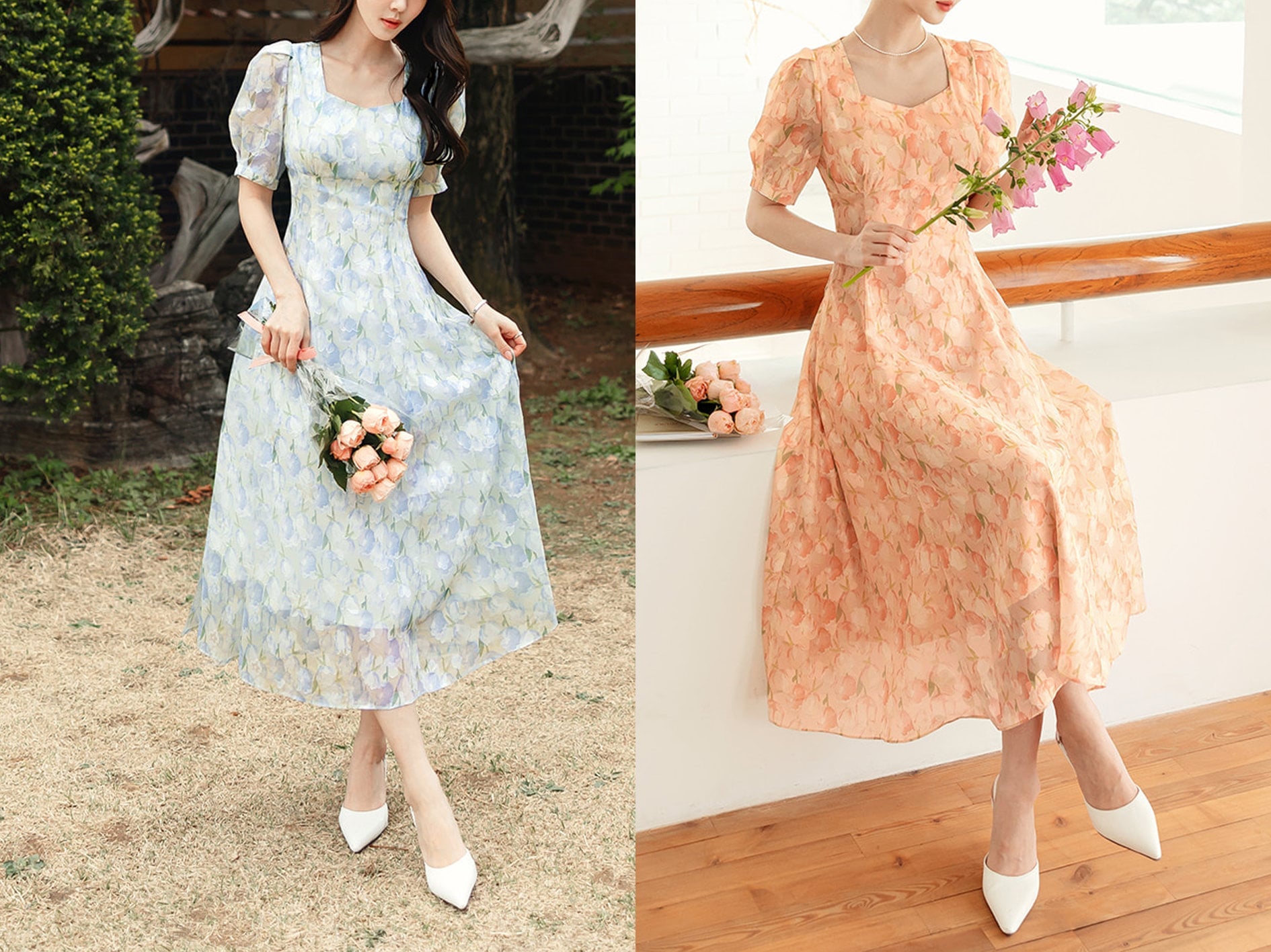 Floral Chiffon Midi Long Dress / Korean Style Short Sleeve Women Dress / Puff Sleeve Spring Summer Dress / Bridesmaid Dress