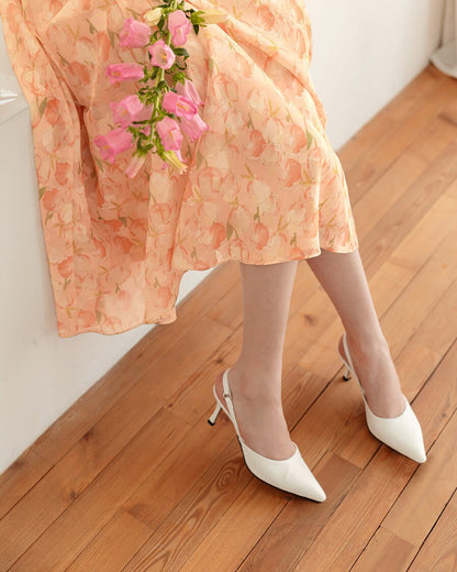 Floral Chiffon Midi Long Dress / Korean Style Short Sleeve Women Dress / Puff Sleeve Spring Summer Dress / Bridesmaid Dress