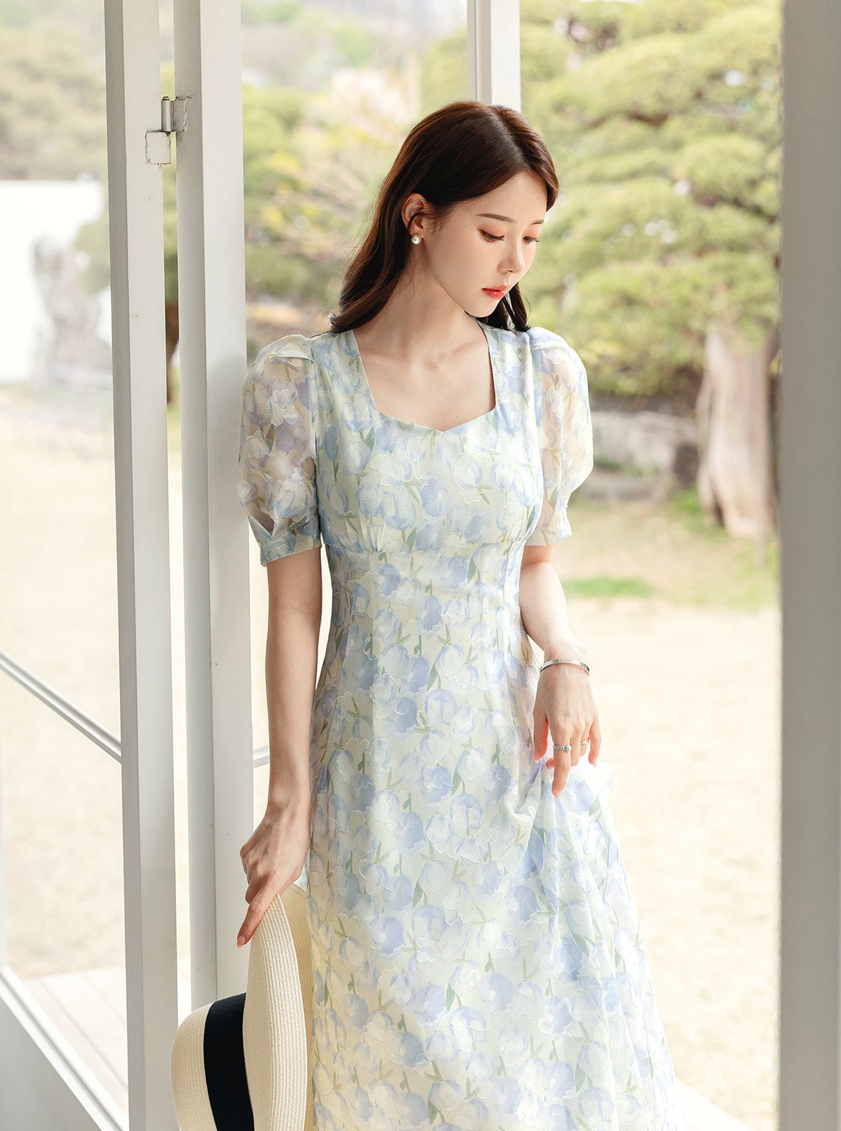 Floral Chiffon Midi Long Dress / Korean Style Short Sleeve Women Dress / Puff Sleeve Spring Summer Dress / Bridesmaid Dress