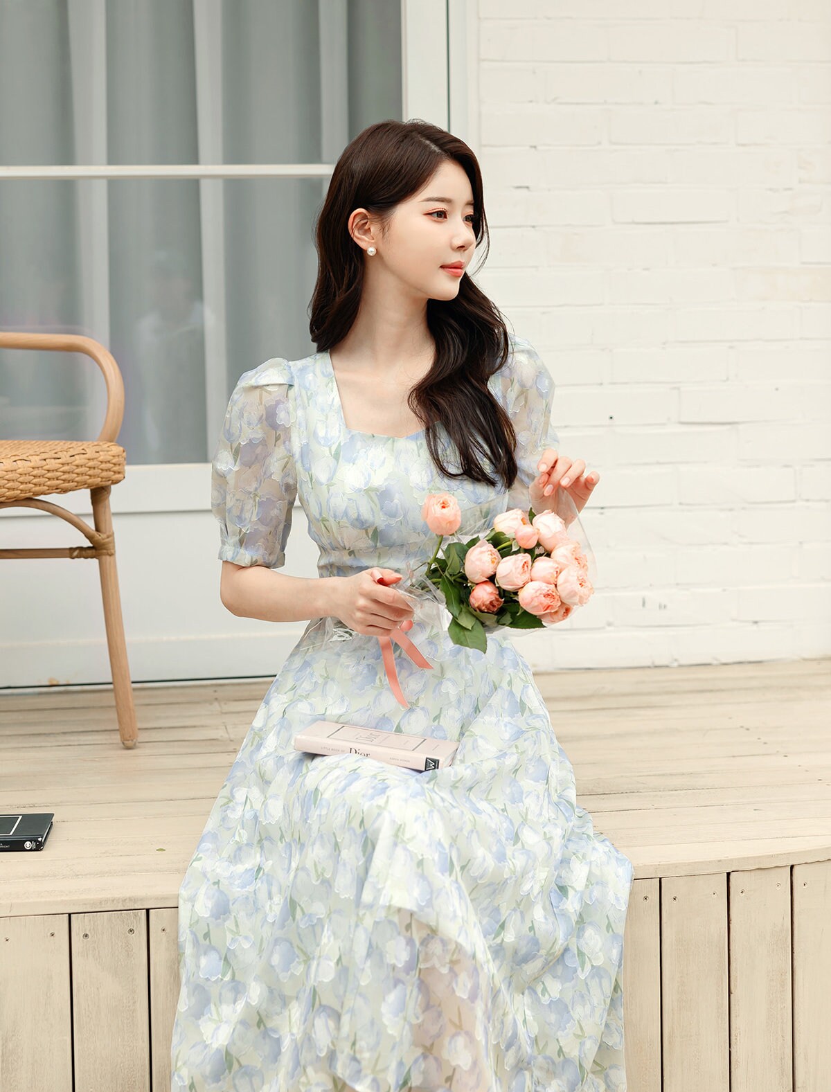 Floral Chiffon Midi Long Dress / Korean Style Short Sleeve Women Dress / Puff Sleeve Spring Summer Dress / Bridesmaid Dress