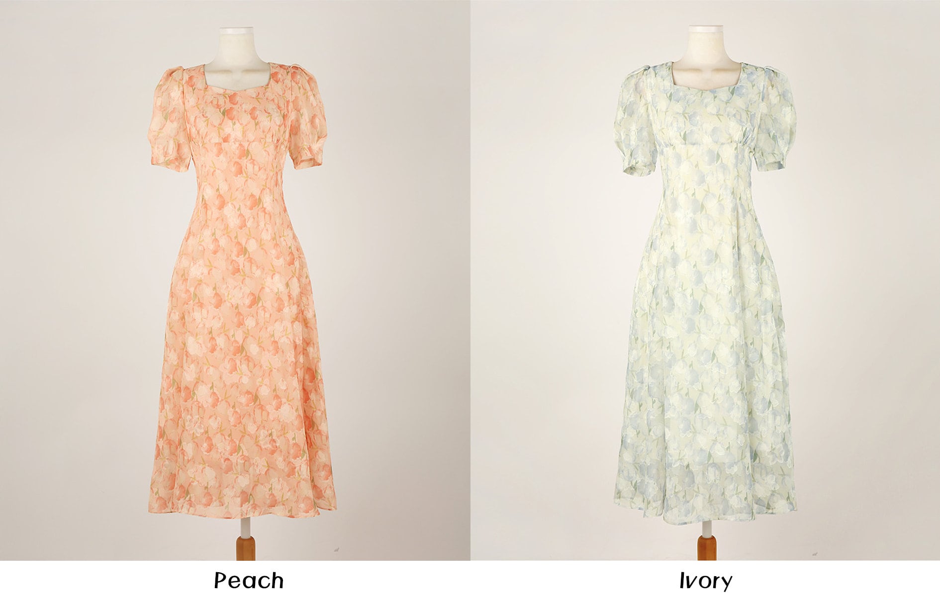 Floral Chiffon Midi Long Dress / Korean Style Short Sleeve Women Dress / Puff Sleeve Spring Summer Dress / Bridesmaid Dress