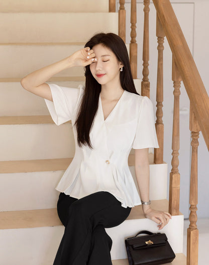 Elegant Unique Peplum Top Blouse/ Korean Style Feminin Daily V Neck Summer Top Jacket / Front Button Wrap Blouse / Everyday Soft Top Blouse