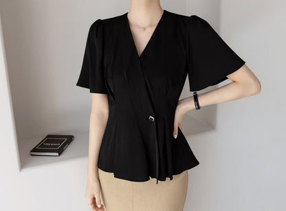 Elegant Unique Peplum Top Blouse/ Korean Style Feminin Daily V Neck Summer Top Jacket / Front Button Wrap Blouse / Everyday Soft Top Blouse