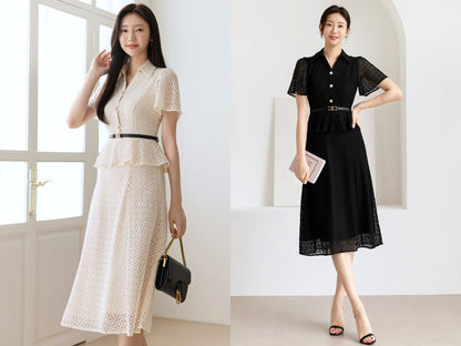 Elegant Feminin Short Sleeve Lace Dress with Belt / Korean Style Blouse and Skirt for One-piece Dress / Modern Chic Long Dress