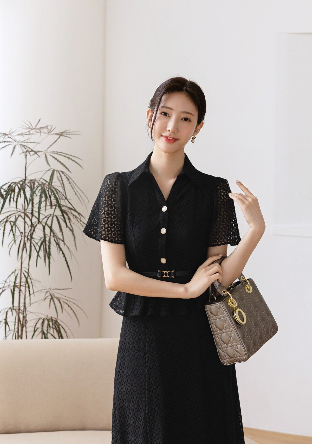 Elegant Feminin Short Sleeve Lace Dress with Belt / Korean Style Blouse and Skirt for One-piece Dress / Modern Chic Long Dress