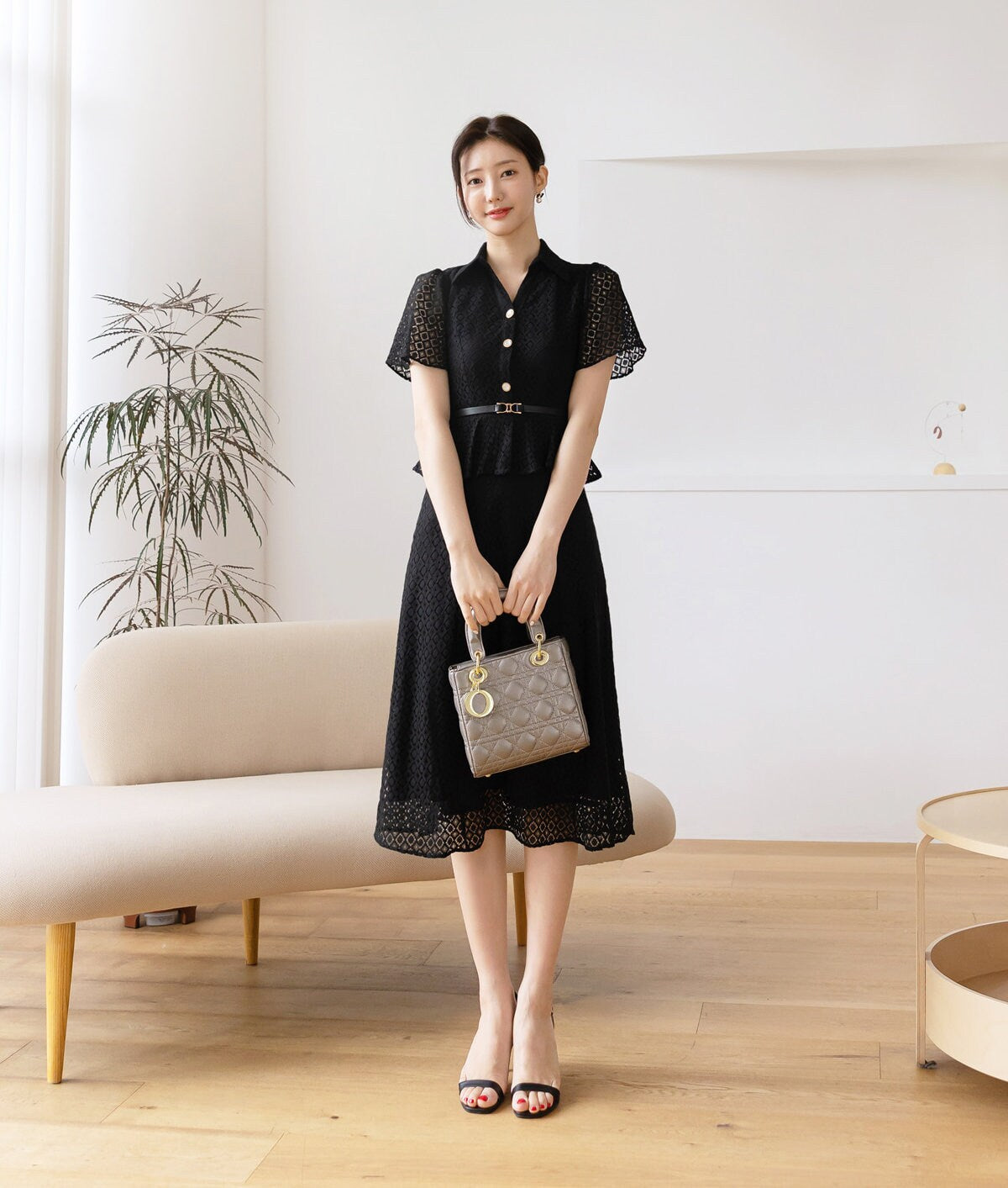 Elegant Feminin Short Sleeve Lace Dress with Belt / Korean Style Blouse and Skirt for One-piece Dress / Modern Chic Long Dress