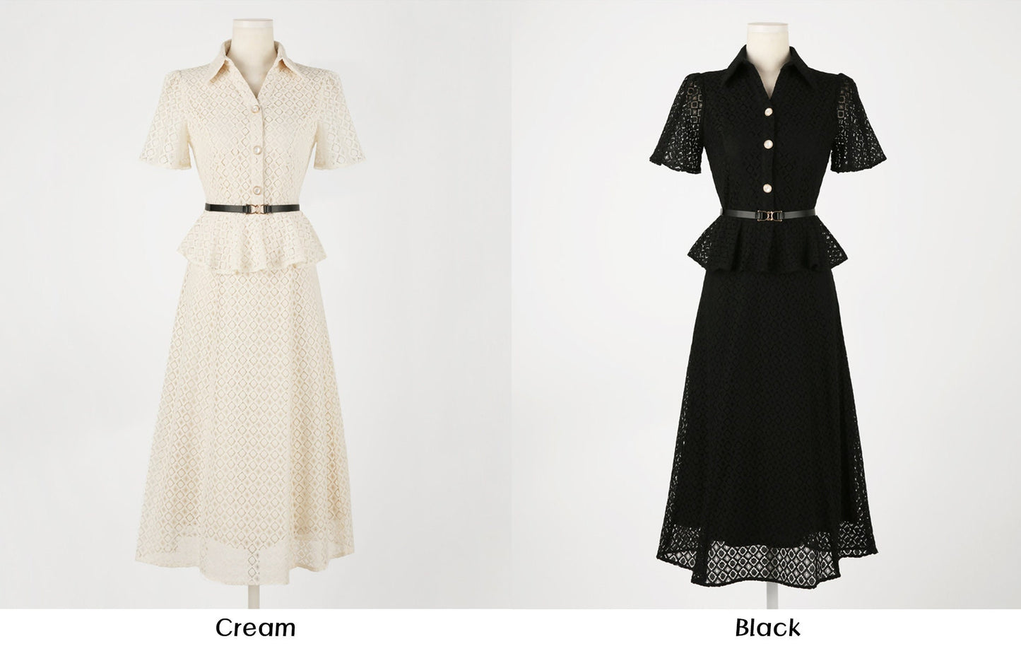 Elegant Feminin Short Sleeve Lace Dress with Belt / Korean Style Blouse and Skirt for One-piece Dress / Modern Chic Long Dress