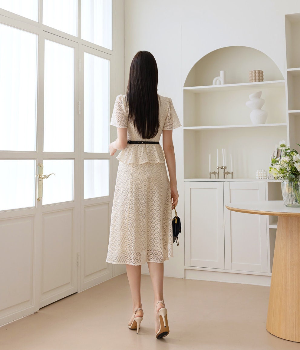 Elegant Feminin Short Sleeve Lace Dress with Belt / Korean Style Blouse and Skirt for One-piece Dress / Modern Chic Long Dress