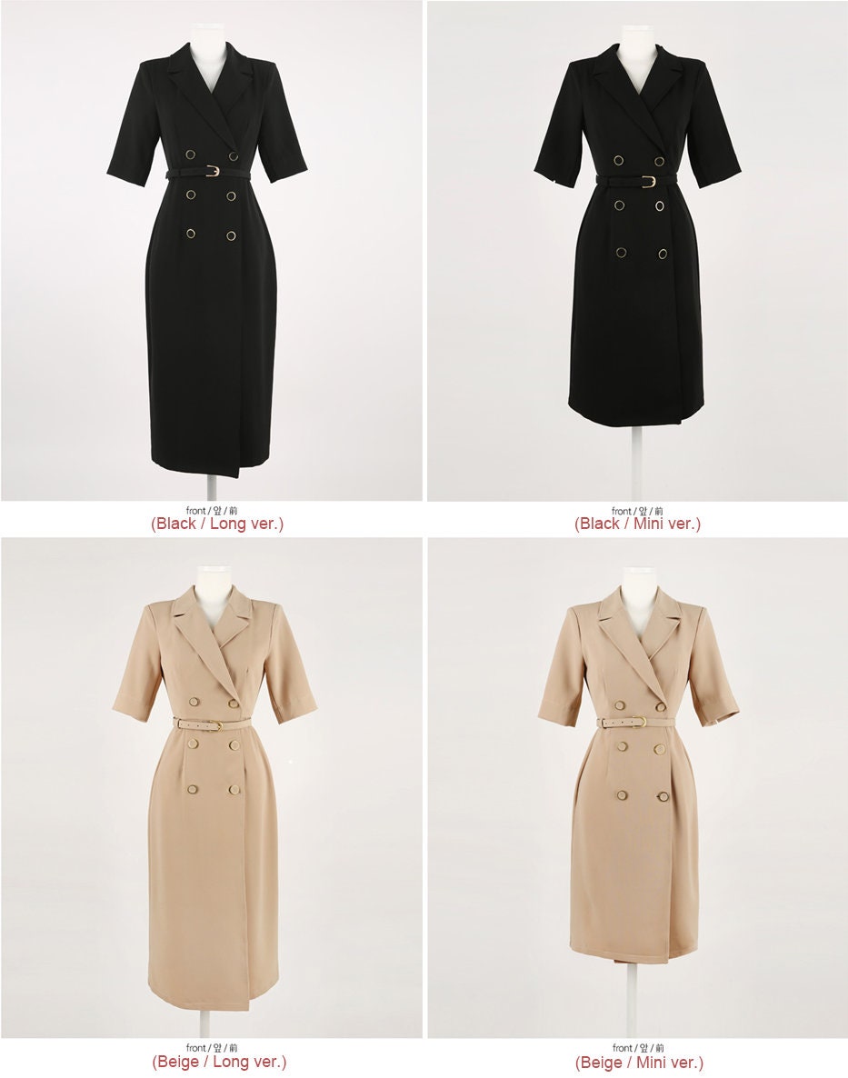 Korean Style Double Breasted Blazer Dress / V Neck Elegant Feminin Long Dress with Belt / Short Sleeve Modern Chic Midi Dress / Plus Size