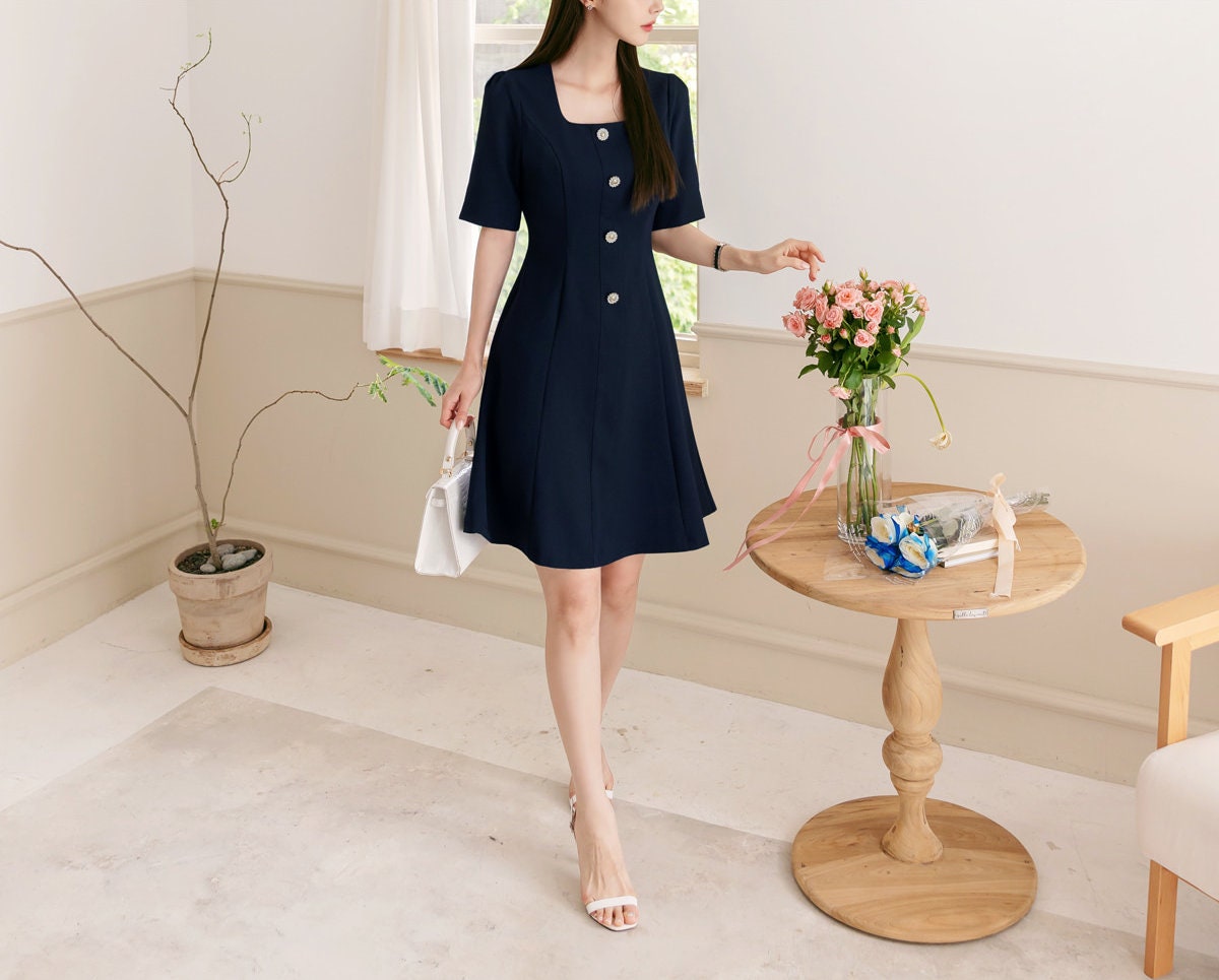 Elegant Feminine Square Neck A-line Dress / Korean Style Mini Dress for Women / Classic Style Elegant Dress