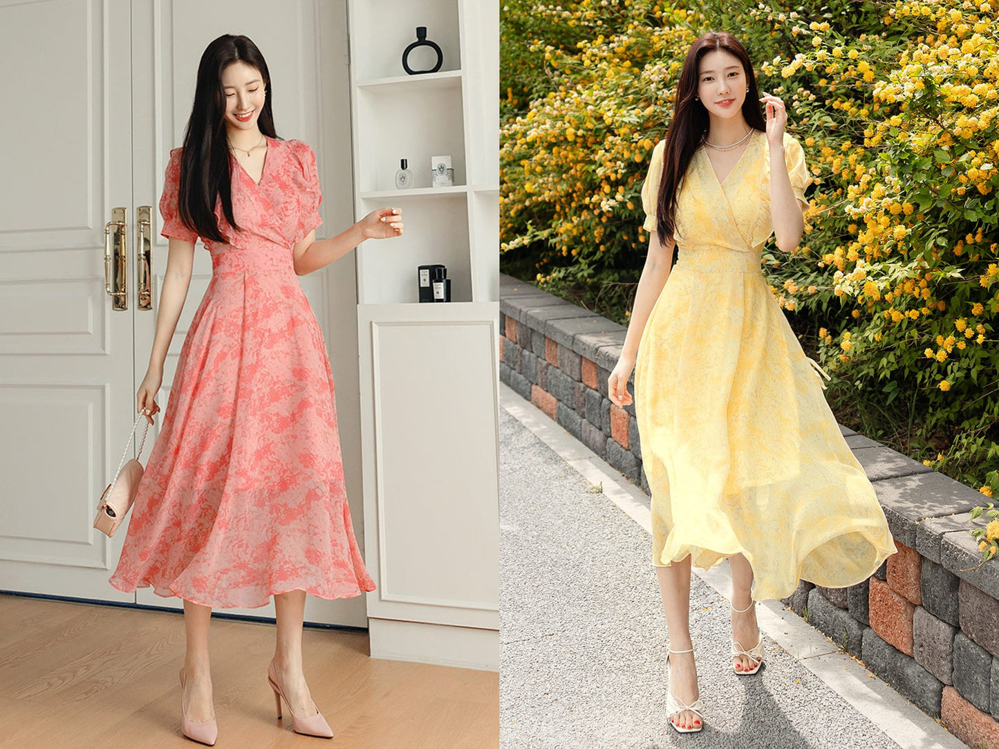 Summer V Neck Balloon Sleeve Long Dress / Korean Style Women Chiffon Dress / V-neck Short Sleeve Midi Dress