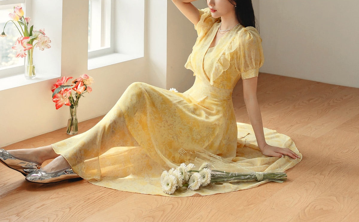 Summer V Neck Balloon Sleeve Long Dress / Korean Style Women Chiffon Dress / V-neck Short Sleeve Midi Dress