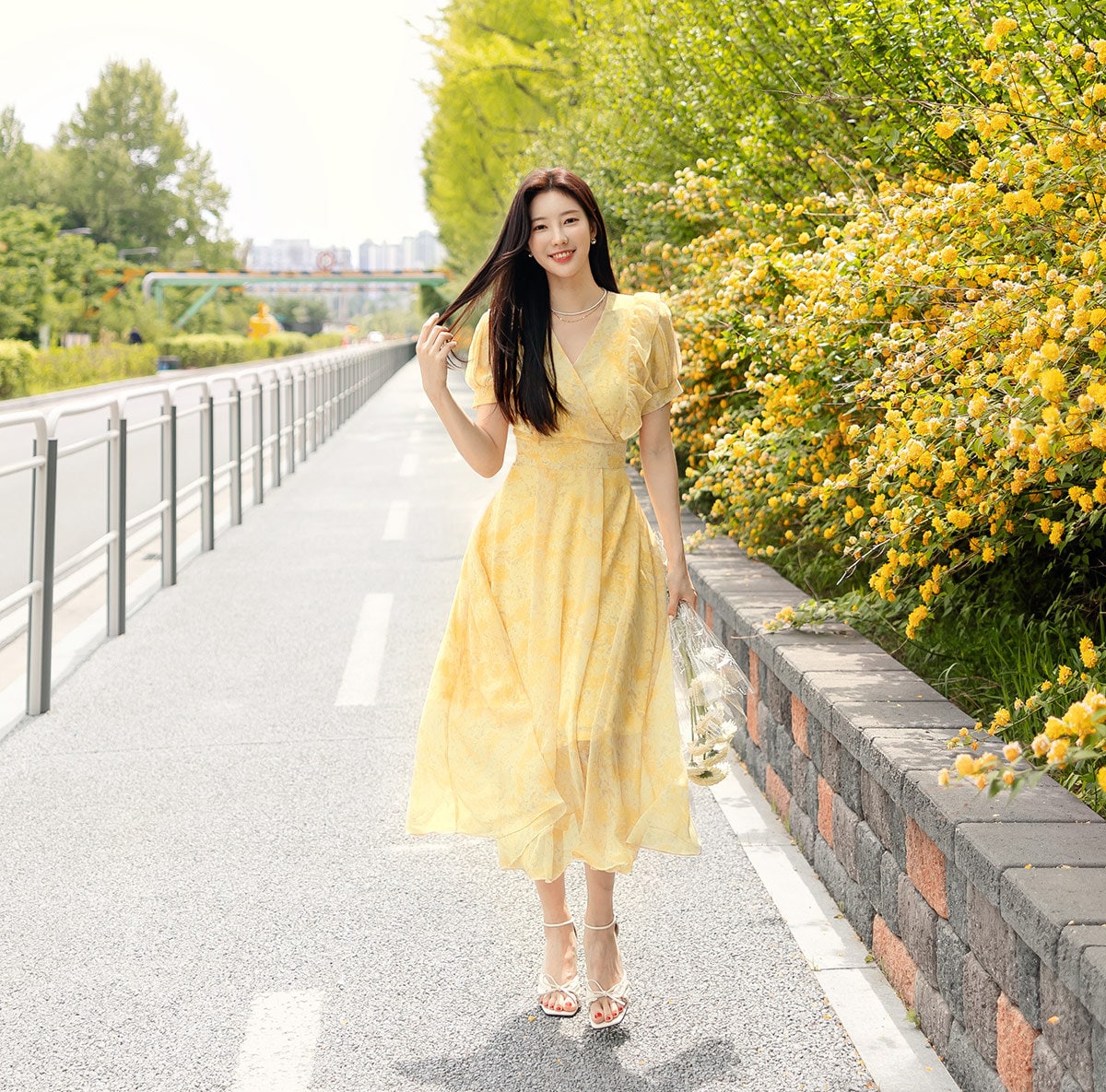 Summer V Neck Balloon Sleeve Long Dress / Korean Style Women Chiffon Dress / V-neck Short Sleeve Midi Dress