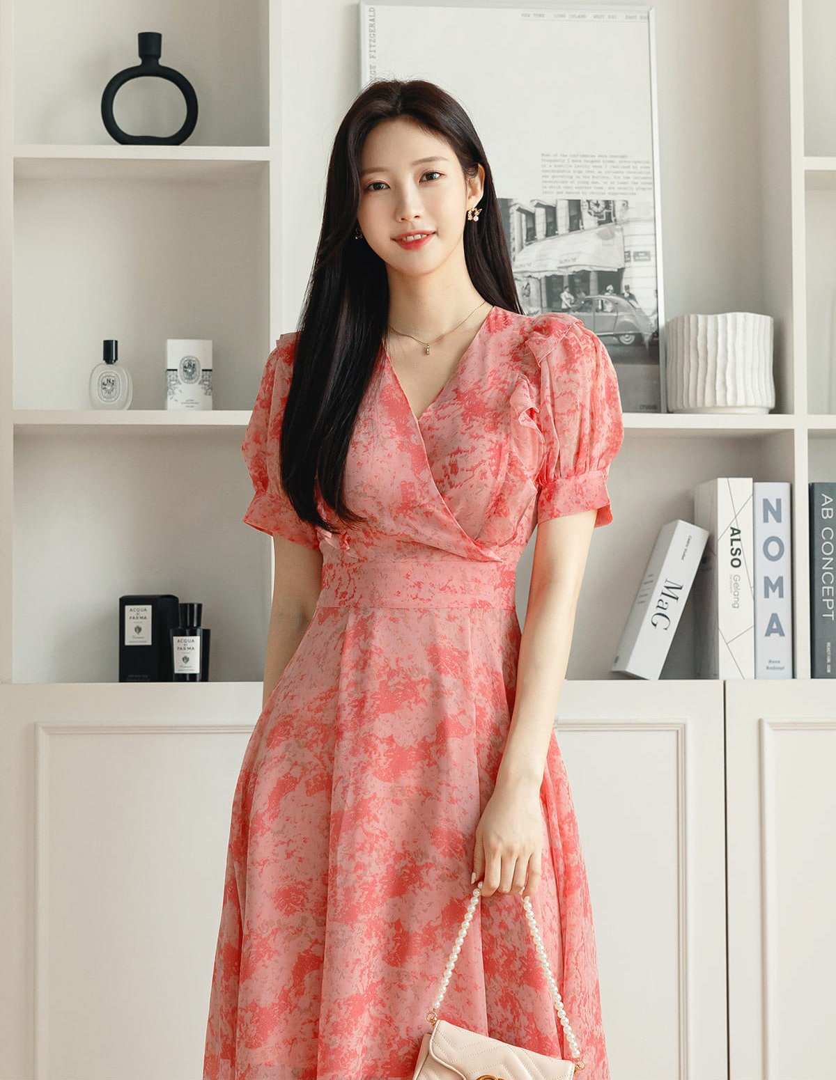 Summer V Neck Balloon Sleeve Long Dress / Korean Style Women Chiffon Dress / V-neck Short Sleeve Midi Dress