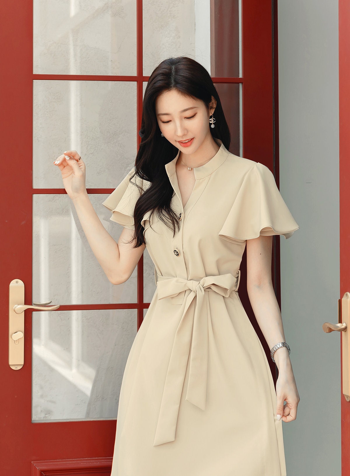 Spring Summer Wing Sleeve Side Pleat Dress with Belt / Korean Style Simple Midi Dress / Elegant Feminin Basic Short Sleeve Dress