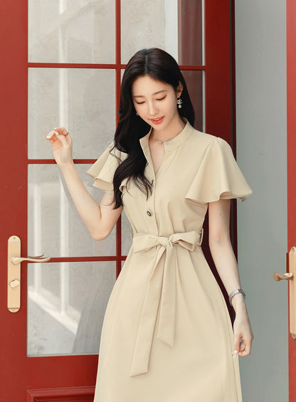 Spring Summer Wing Sleeve Side Pleat Dress with Belt / Korean Style Simple Midi Dress / Elegant Feminin Basic Short Sleeve Dress