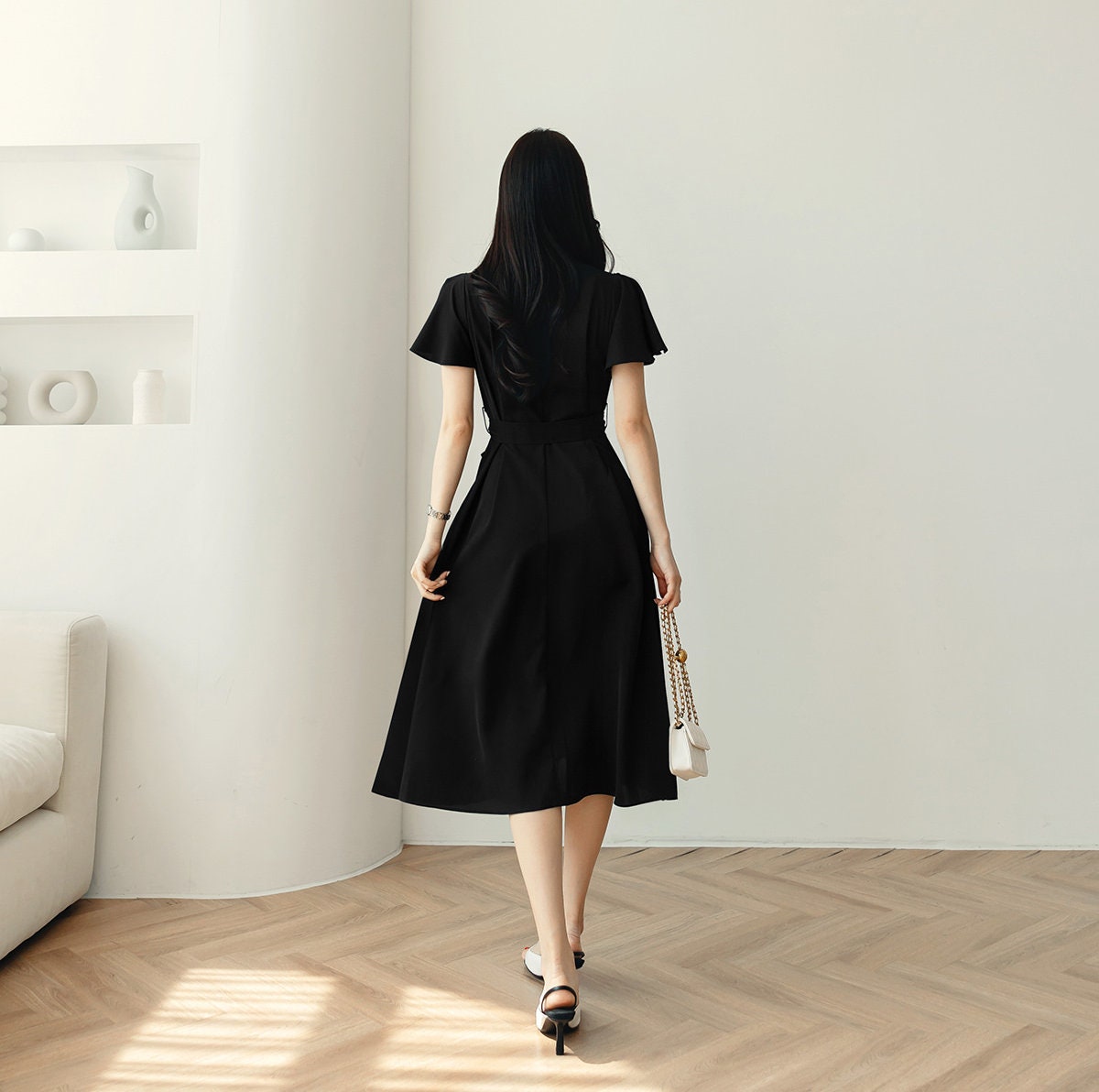 Spring Summer Wing Sleeve Side Pleat Dress with Belt / Korean Style Simple Midi Dress / Elegant Feminin Basic Short Sleeve Dress