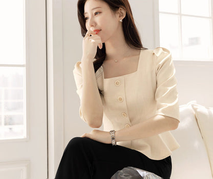 Elegant Feminin Square Neck Peplum Top Jacket Blouse / Korean Style Half Sleeve Summer Top Blouse / Front Button Daily Top