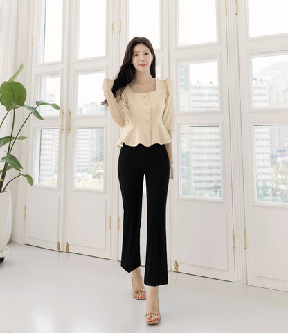 Elegant Feminin Square Neck Peplum Top Jacket Blouse / Korean Style Half Sleeve Summer Top Blouse / Front Button Daily Top