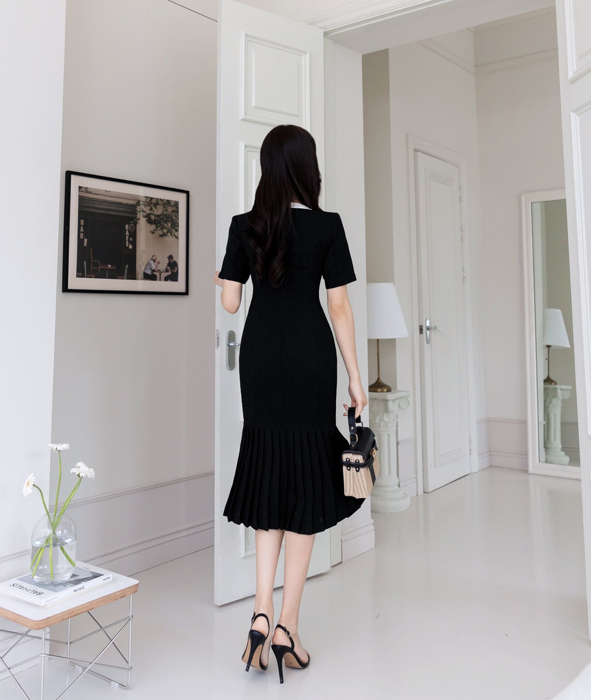 Classic Short Sleeve Semi Mermaid Dress / Elegant Summer Tweed Front Button Dress / Korean Style V-neck Simple Midi Dress