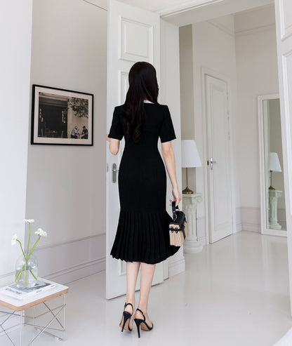 Classic Short Sleeve Semi Mermaid Dress / Elegant Summer Tweed Front Button Dress / Korean Style V-neck Simple Midi Dress