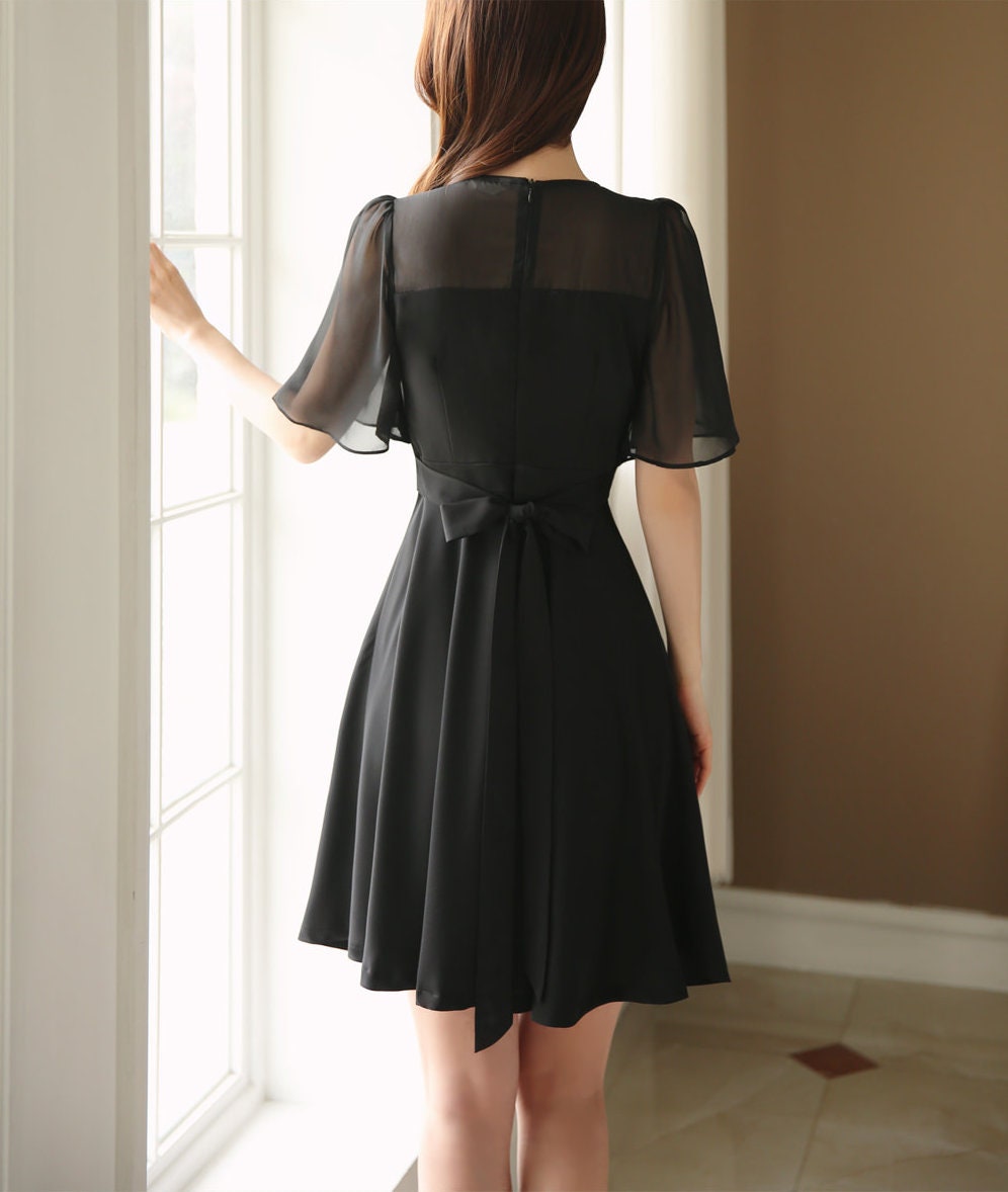 See-Through Sleeve Black Mini Dress / Korean Style Women Dress / Elegant Black Dress / Simple Flare Mini Dress