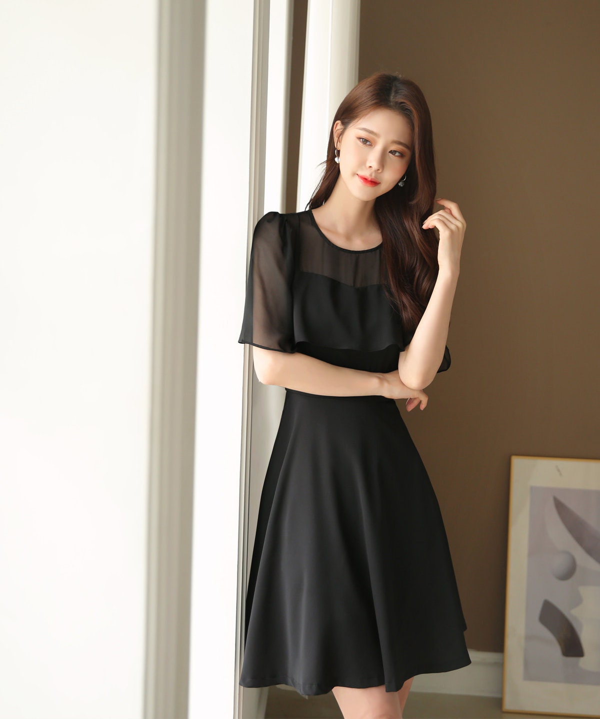 See-Through Sleeve Black Mini Dress / Korean Style Women Dress / Elegant Black Dress / Simple Flare Mini Dress