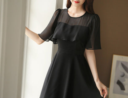 See-Through Sleeve Black Mini Dress / Korean Style Women Dress / Elegant Black Dress / Simple Flare Mini Dress