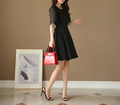 See-Through Sleeve Black Mini Dress / Korean Style Women Dress / Elegant Black Dress / Simple Flare Mini Dress