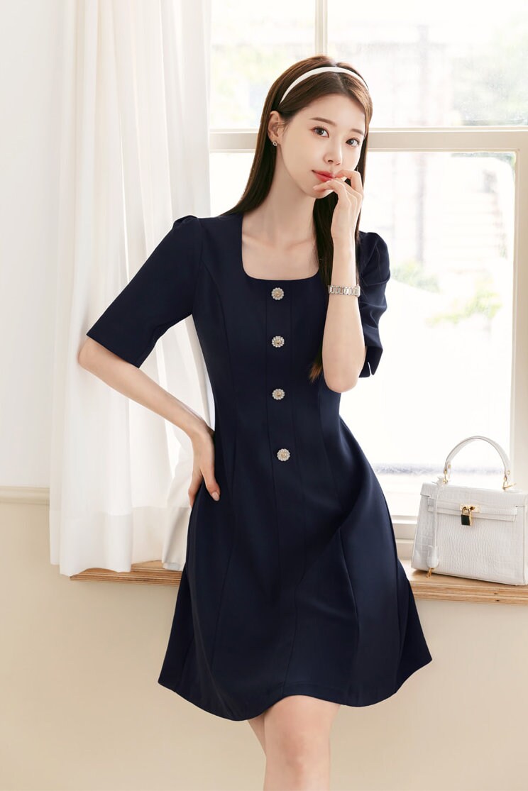 Elegant Feminine Square Neck A-line Dress / Korean Style Mini Dress for Women / Classic Style Elegant Dress