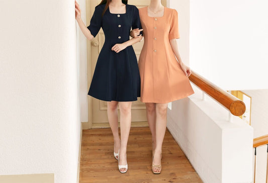 Elegant Feminine Square Neck A-line Dress / Korean Style Mini Dress for Women / Classic Style Elegant Dress