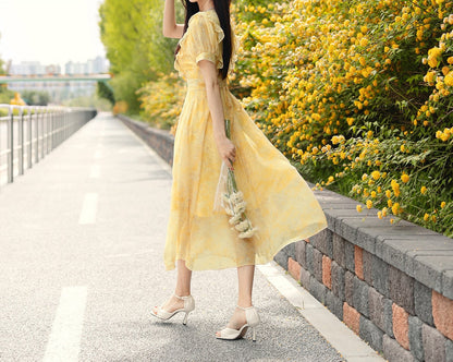 Summer V Neck Balloon Sleeve Long Dress / Korean Style Women Chiffon Dress / V-neck Short Sleeve Midi Dress