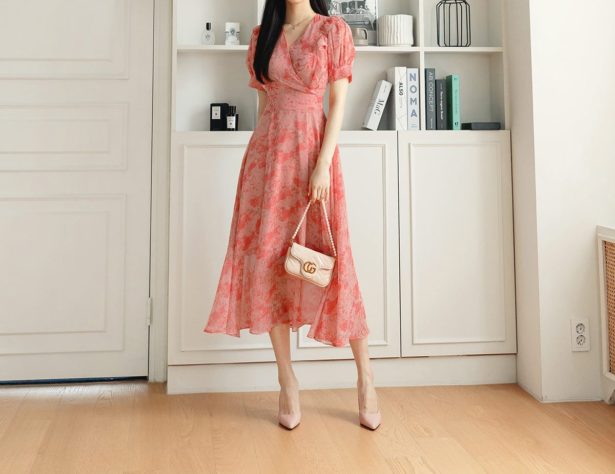 Summer V Neck Balloon Sleeve Long Dress / Korean Style Women Chiffon Dress / V-neck Short Sleeve Midi Dress