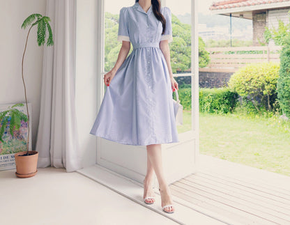 Elegant Classic Feminin Short Sleeve Striped Shirtdress with Strap Belt / Korean Style Button Long Dress / Summer Midi Dress