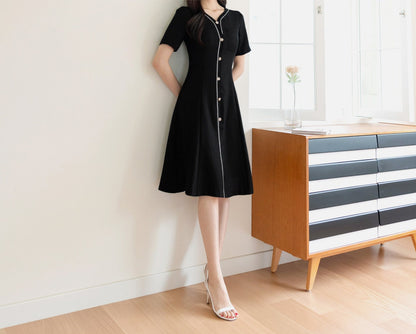 Elegant Feminine Black Summer Tweed Dress / Korean Style Black Mini Dress / Luxury wear Elegant Dress for Spring to Fall