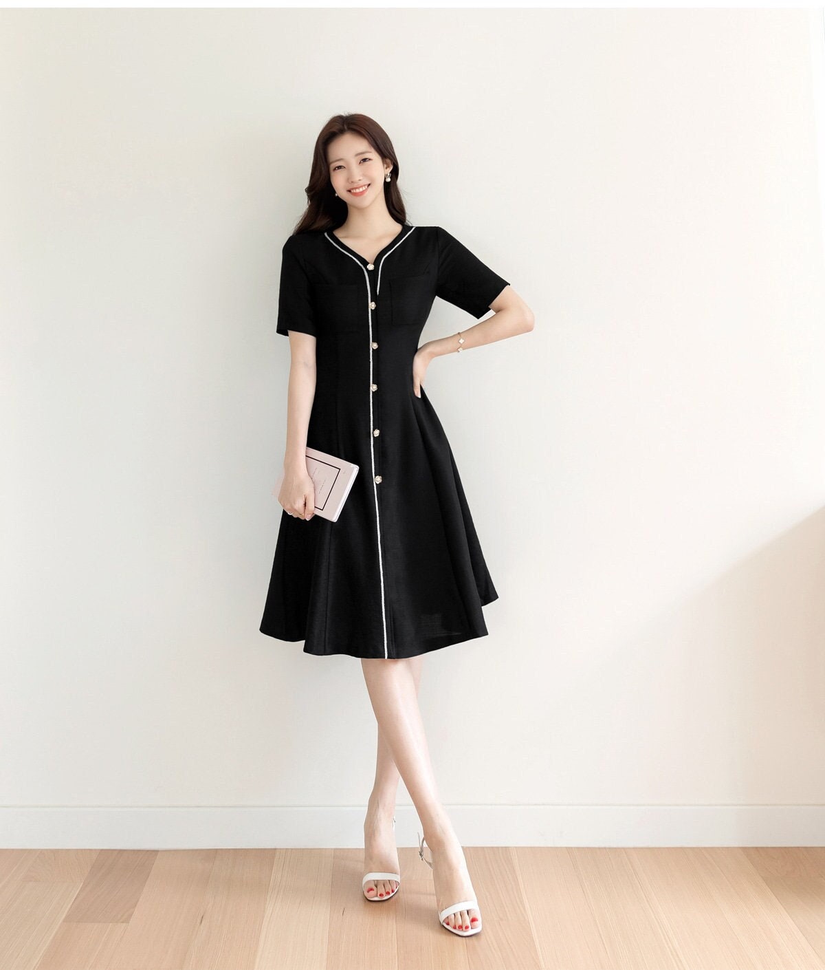 Elegant Feminine Black Summer Tweed Dress / Korean Style Black Mini Dress / Luxury wear Elegant Dress for Spring to Fall