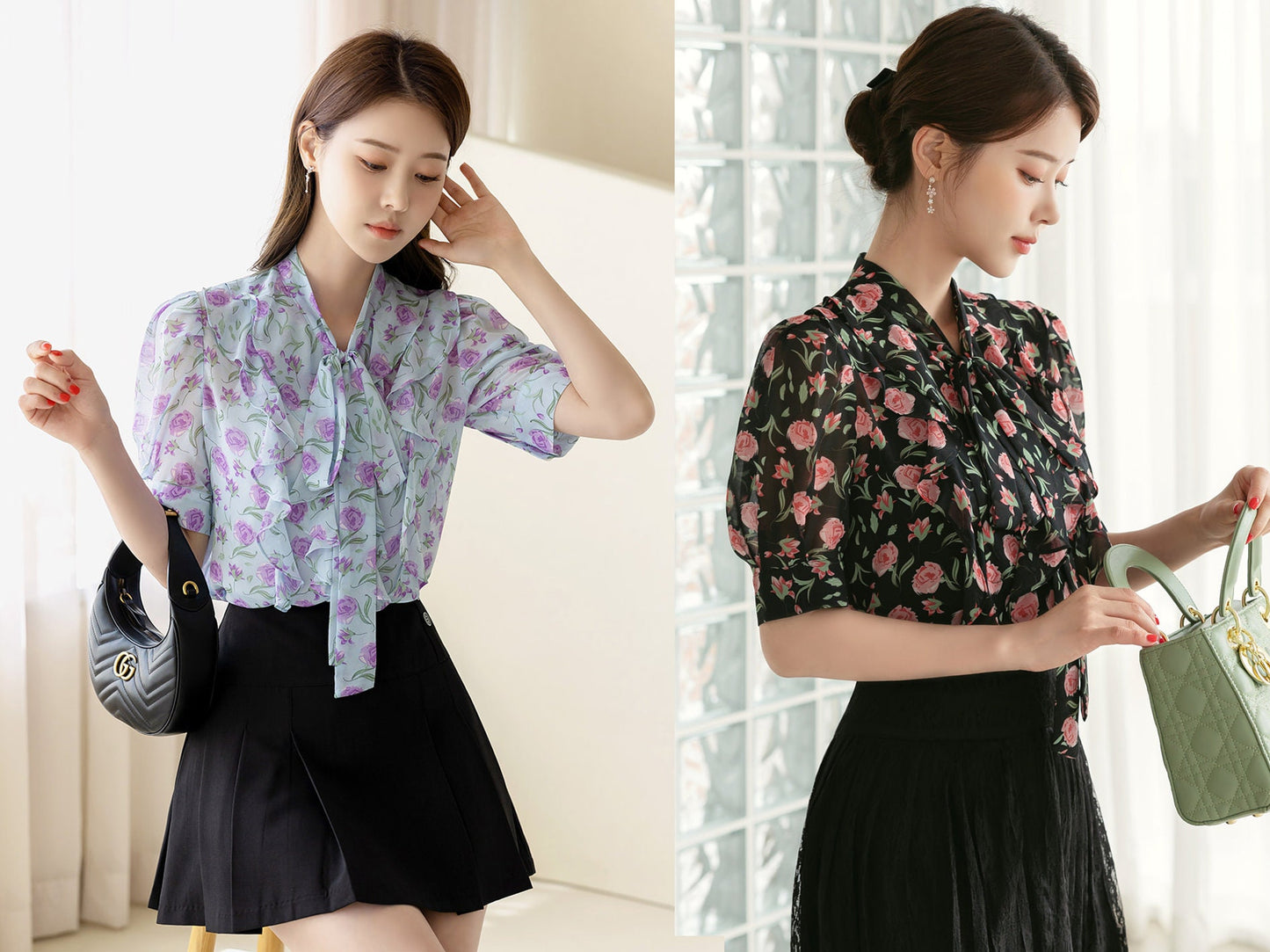 Short Sleeve Floral Pattern Chiffon Tie Blouse / Korean Style Tie Neck Blouse Top / Office Look Top / Everyday Soft Blouse for Summer