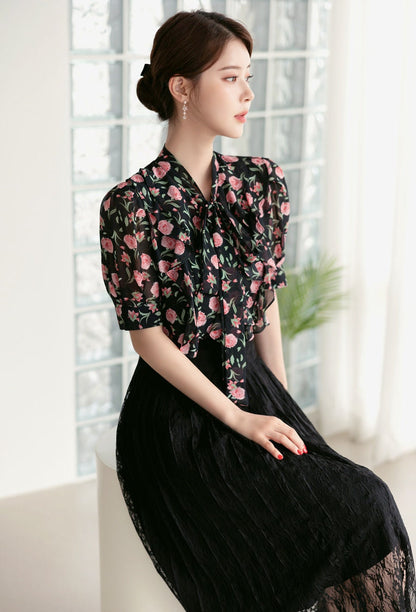 Short Sleeve Floral Pattern Chiffon Tie Blouse / Korean Style Tie Neck Blouse Top / Office Look Top / Everyday Soft Blouse for Summer