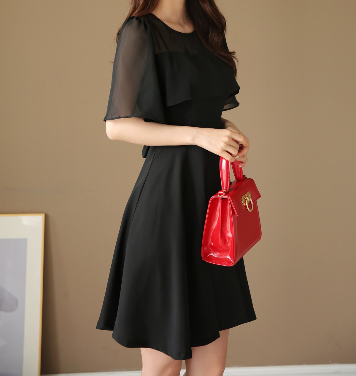 See-Through Sleeve Black Mini Dress / Korean Style Women Dress / Elegant Black Dress / Simple Flare Mini Dress