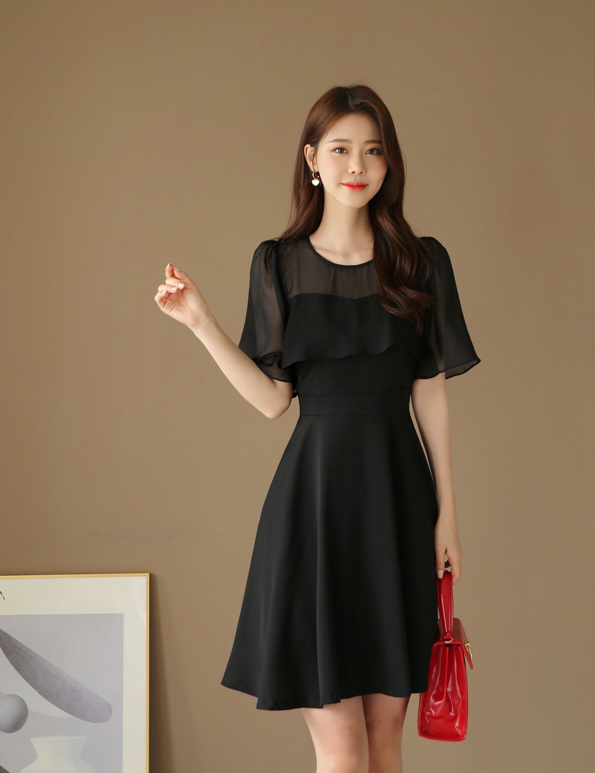 See-Through Sleeve Black Mini Dress / Korean Style Women Dress / Elegant Black Dress / Simple Flare Mini Dress