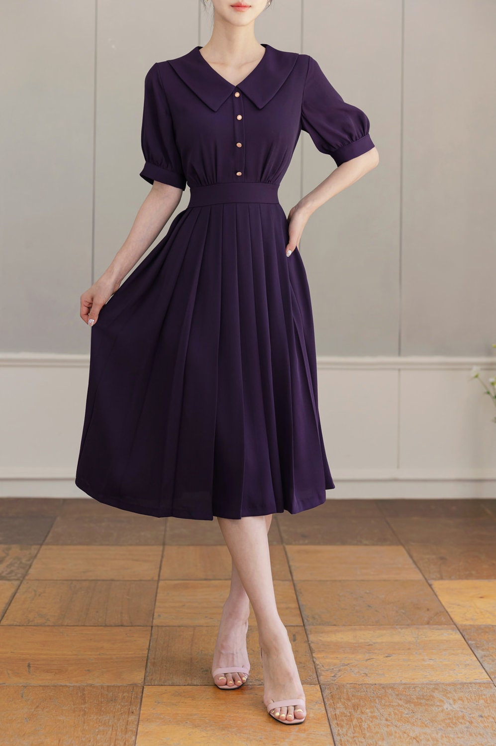 Flat Collar Pleated Midi Dress with Ribbon Strap / Korean Style Short Sleeve Midi Dress / Elegant Feminin Purple Dress for Spring Summer