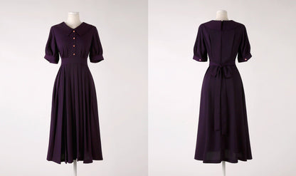 Flat Collar Pleated Midi Dress with Ribbon Strap / Korean Style Short Sleeve Midi Dress / Elegant Feminin Purple Dress for Spring Summer